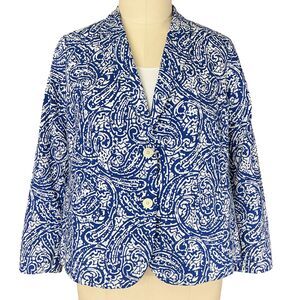 Talbots Blazer Womens 18W Blue White Paisley 100% Cotton BOHO Mature Spring NWOT
